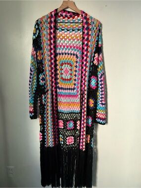Multicolor Crochet Fringe Open-Front Cardigan - Women's Boho Crochet